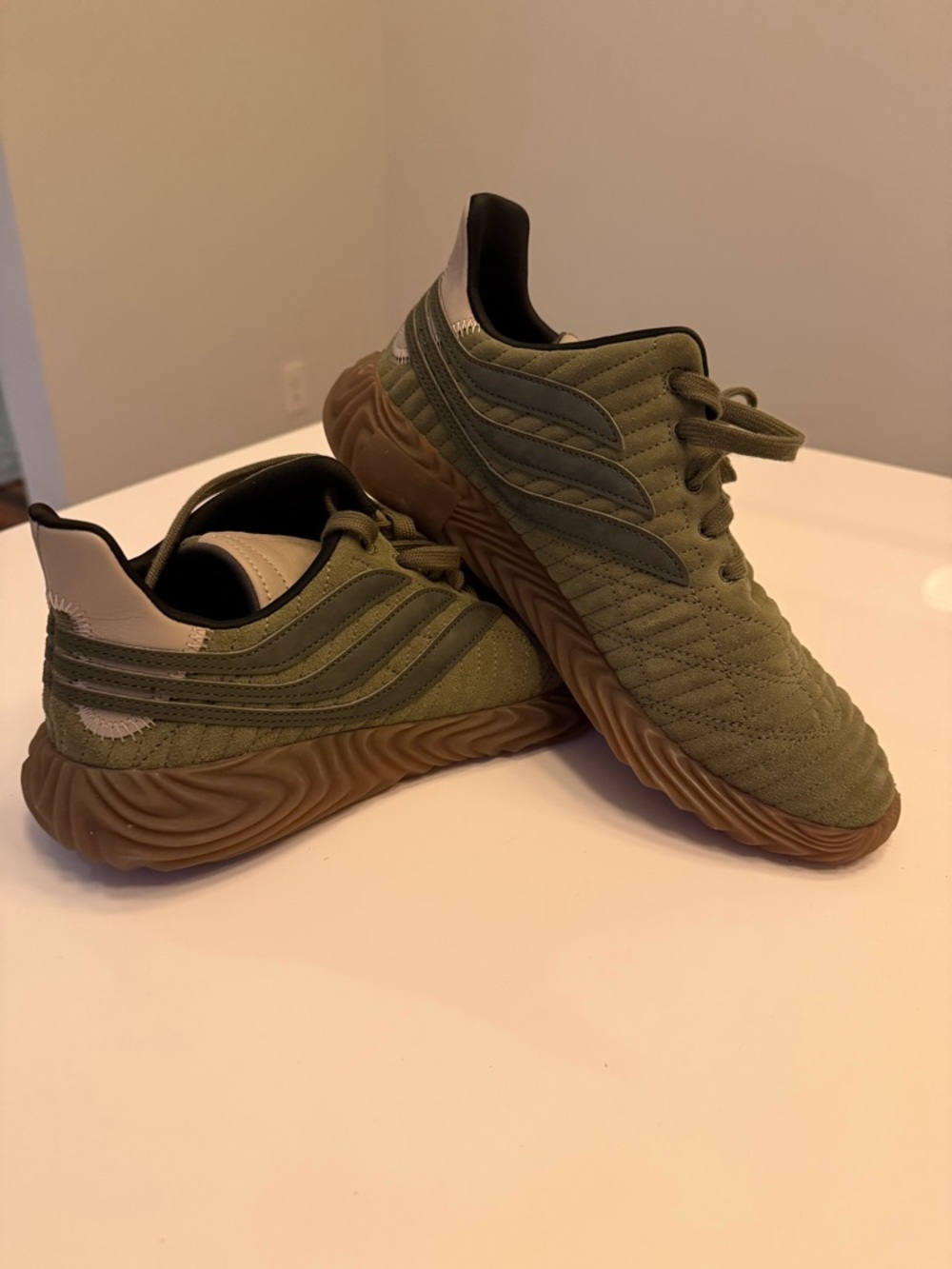 adidas Sobakov  Olive Green Suede Sneakers with Blue Tongue Tab